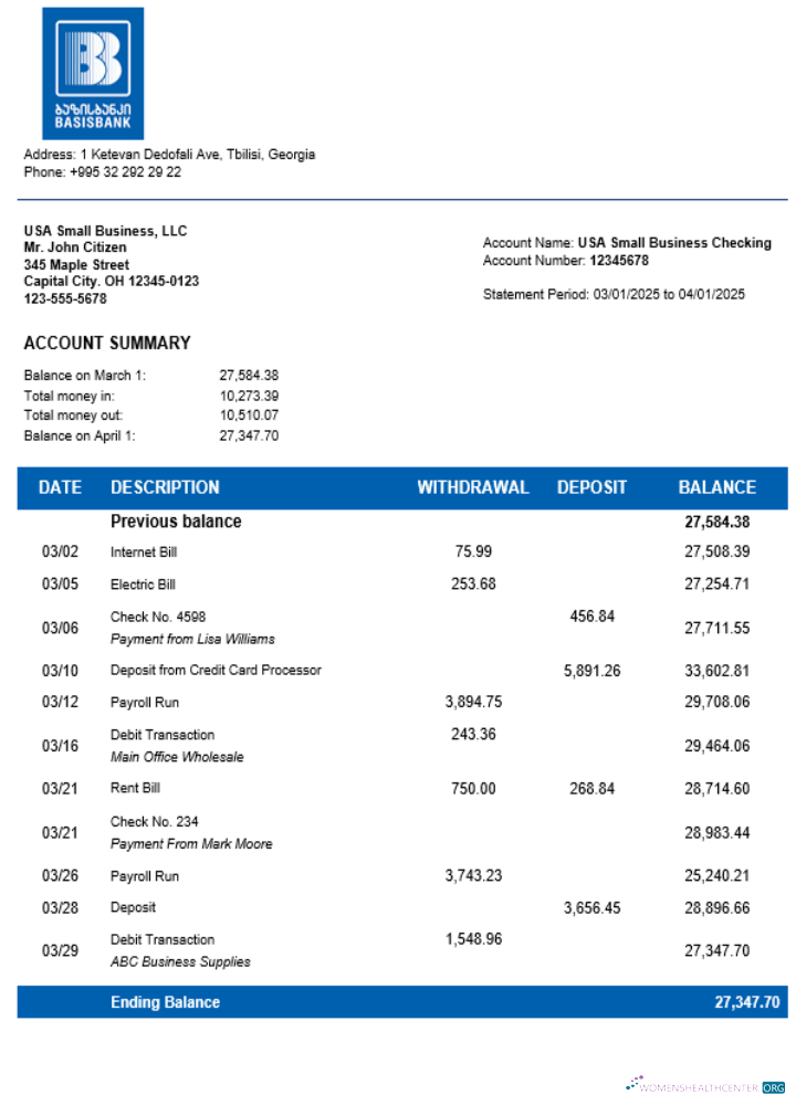 Download Basis Bank company statement Word and PDF format Photoshop template